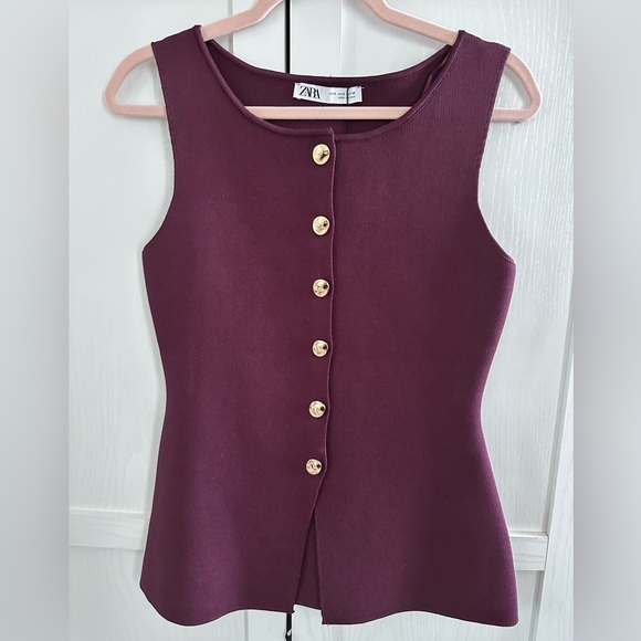 Zara Tops - Zara Women's Burgundy Knitted Vest Top with Gold Buttons